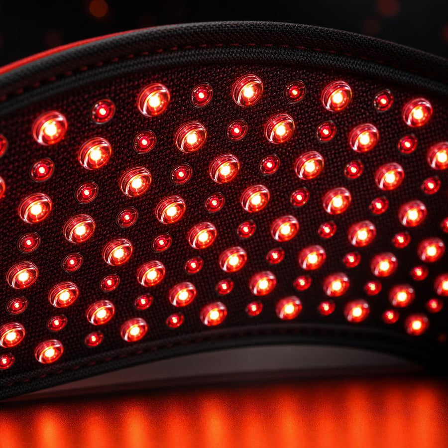 Detalle macro de los LEDs rojos e infrarrojos del cinturón Isolenia encendidos