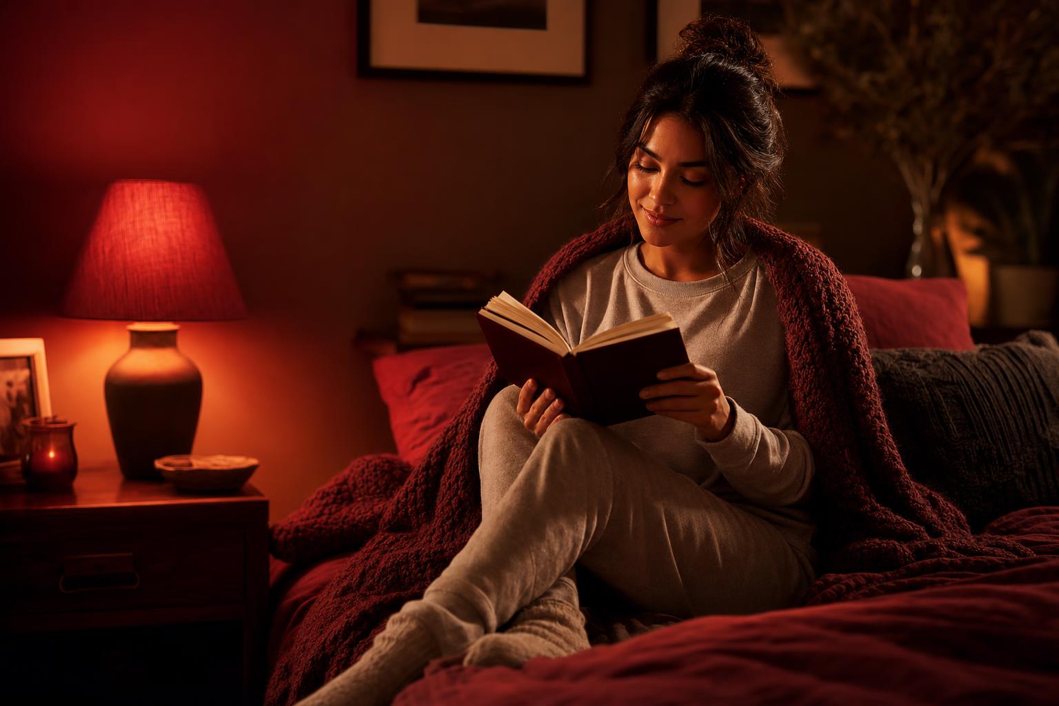Mujer relajada leyendo en la cama con luz cálida ambiental, ritual nocturno de descanso
